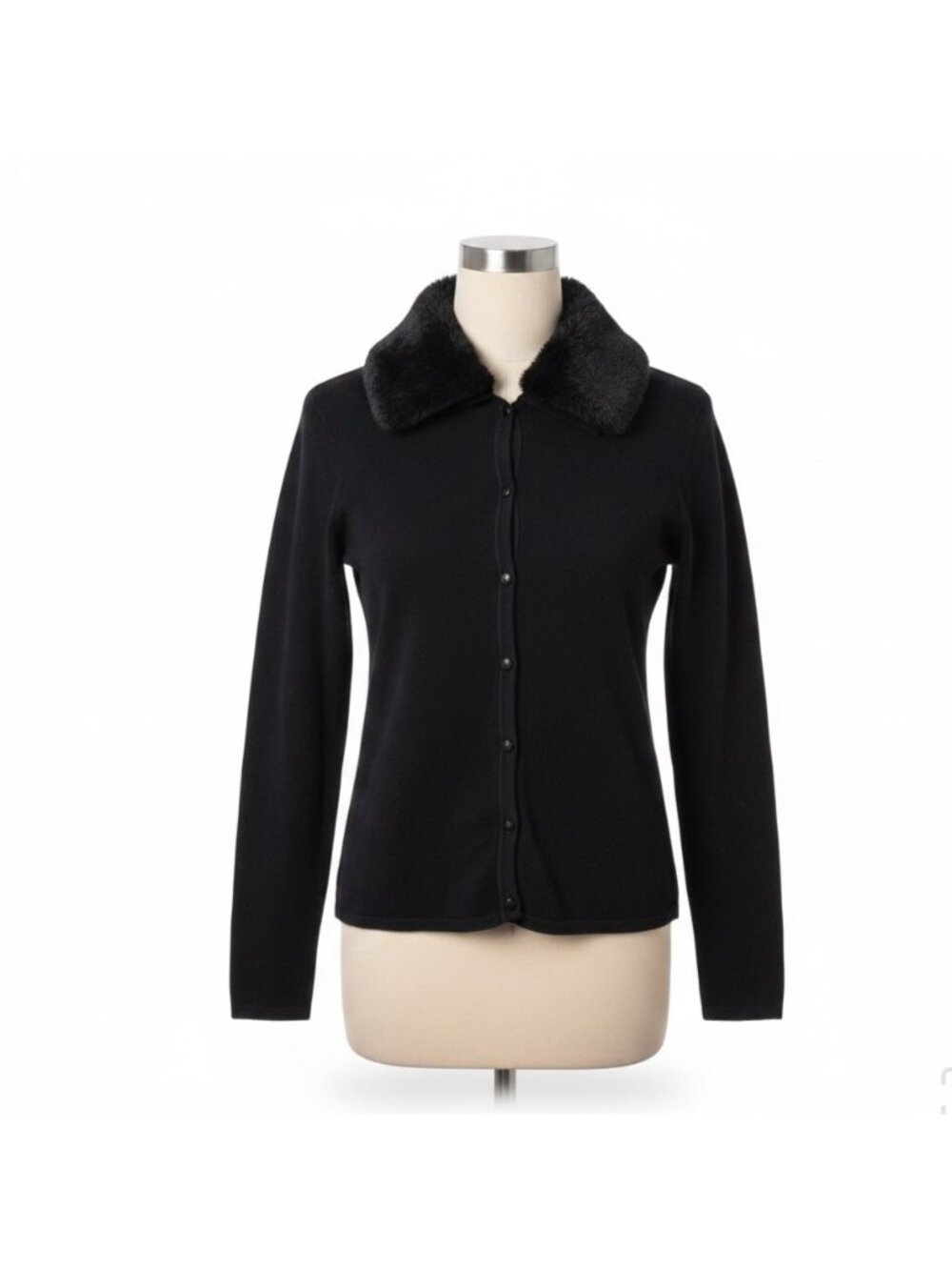 BCBG Max Azria Womens Black Button-Up Cardigan With Faux Fur Collar Size L